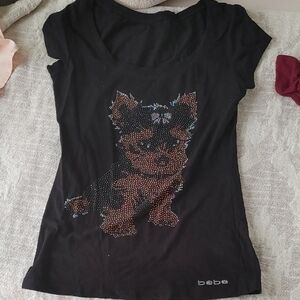 Bebe Black Tee with Rhinestone Dog Design
